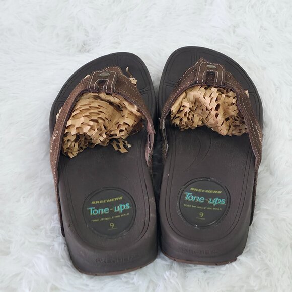 Sketchers Tone-ups Women’s Leather Sandals Brown Flip Flop Size 9 Wedge - Picture 3 of 8